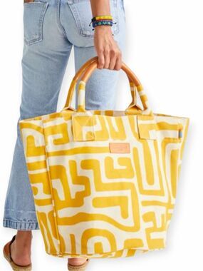 UBUNTU LIFE Yellow Eggshell African Print Canvas Leather Travel Tote Bag